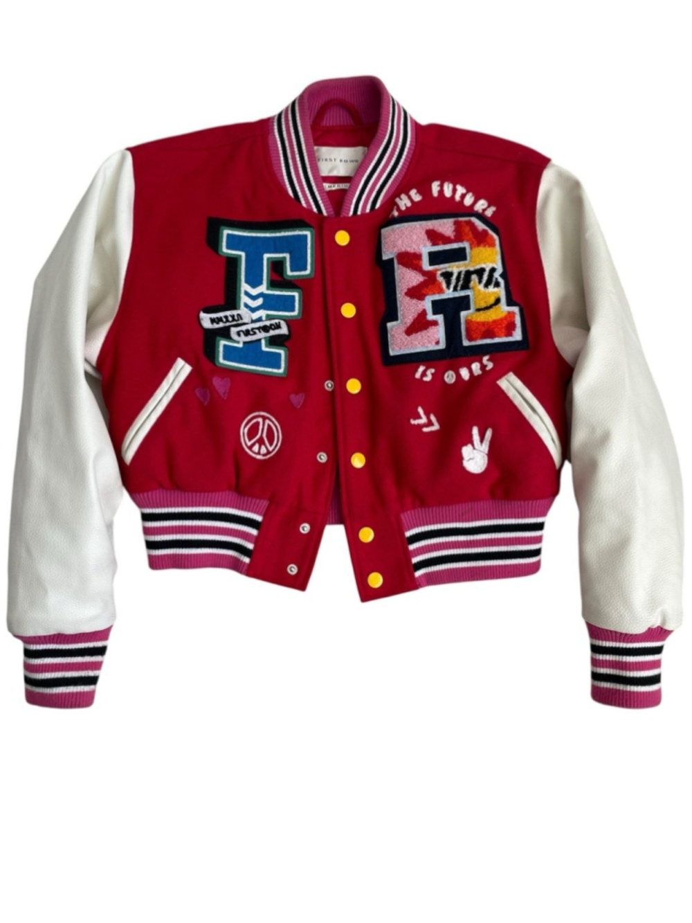 First Row Varsity Jacket Womens M Red White Wool Chenille Patch Letterman Bomber